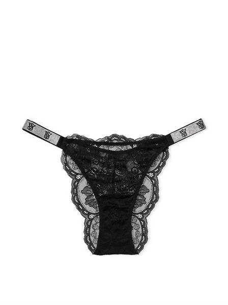 Трусики бразилианы со стразами Victoria's Secret Shine Strap Lace Brazilian Panty Very Sexy Black 1257 фото