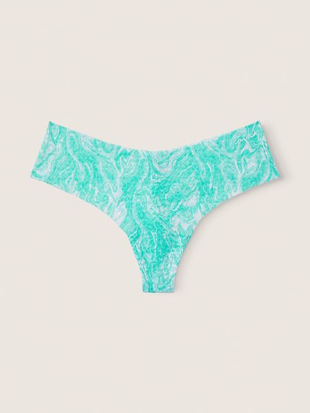 Трусики стринги бесшовные PINK No-Show Soft Lace Thong Panty Teal Ice Marble 1081 фото