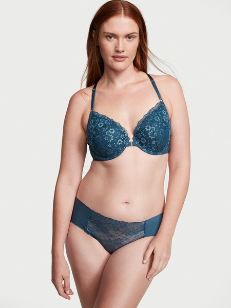 Трусики чікіні безшовні з мереживом Victoria's Secret Shimmer Lace-Inset No-Show Cheeky Panty Midnight Seasilver Lurex 1185 фото