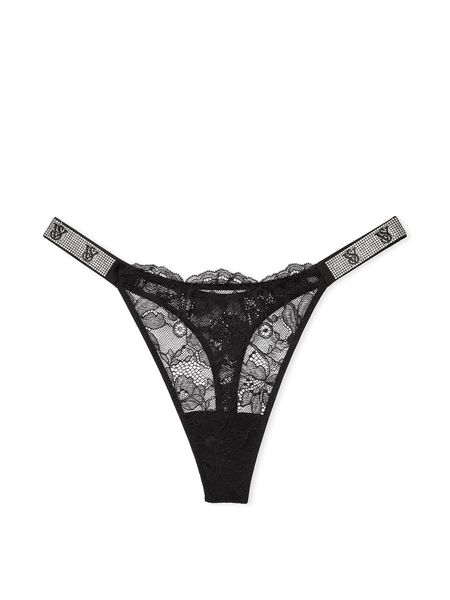 Трусики стринги со стразами Victoria's Secret Shine Strap Lace Thong Panty Very Sexy Black 1240 фото