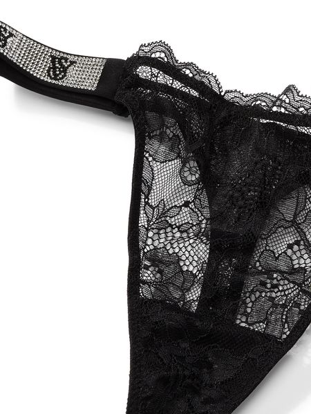 Трусики стрінги зі стразами Victoria's Secret Shine Strap Lace Thong Panty Very Sexy Black 1242 фото