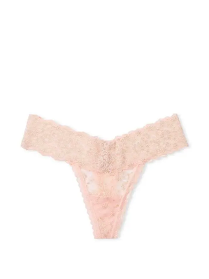 Трусики стрінги мереживні Victoria's Secret Shimmer Lace Lace-Up Thong Panty Purest Pink Shimmer 1192 фото