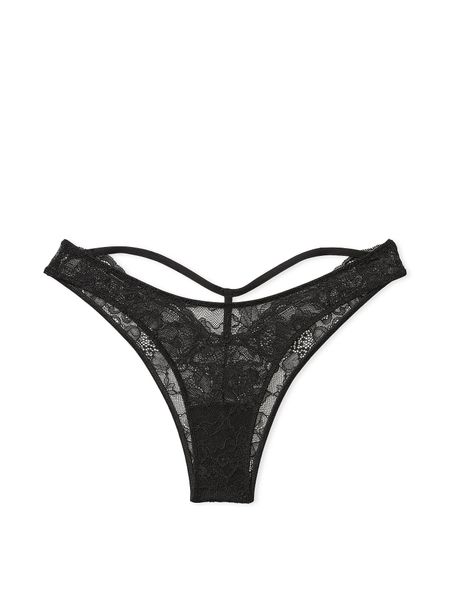 Трусики бразилианы кружевные со стразами Victoria's Secret Shine Strap Cut-Out Back Lace Brazilian Panty Very Sexy Black 1252 фото