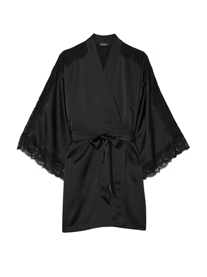 Сатиновий халат з мереживом Victoria's Secret Luxe Satin Lace Inset Robe Black 1194 фото